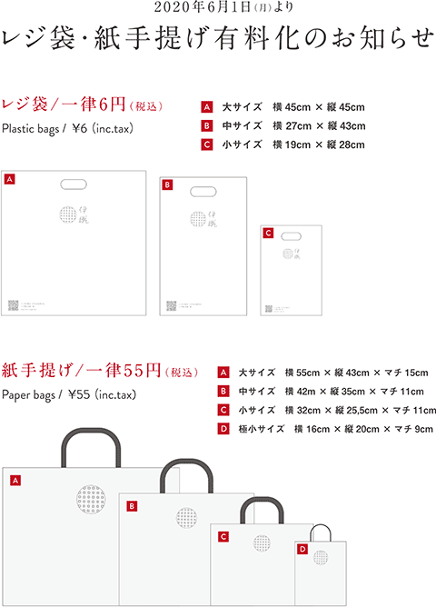 伊織　レジ袋　紙手提げ袋　有料化のお知らせ