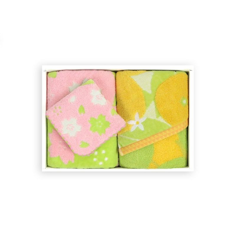 『sakura-サクラ』フェイスタオル・ハンカチタオル(GR)『iyokan-イヨカン』フェイスタオル(YE)3枚組ギフトセット【M箱】