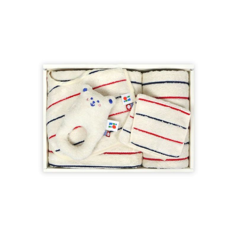 『トリコロール』にぎにぎ(くま)・フェイスタオル・ハンドタオル・キッズハンカチ・スタイ ベビー5点ギフトセット【M箱】