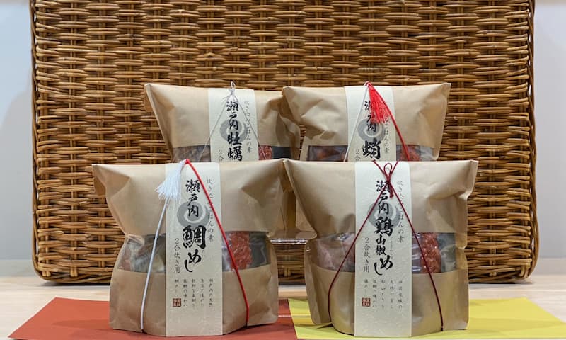 漁師の鯛めし/漁師の蛸めし/瀬戸内鶏山椒めし/瀬戸内牡蠣めし パッケージ